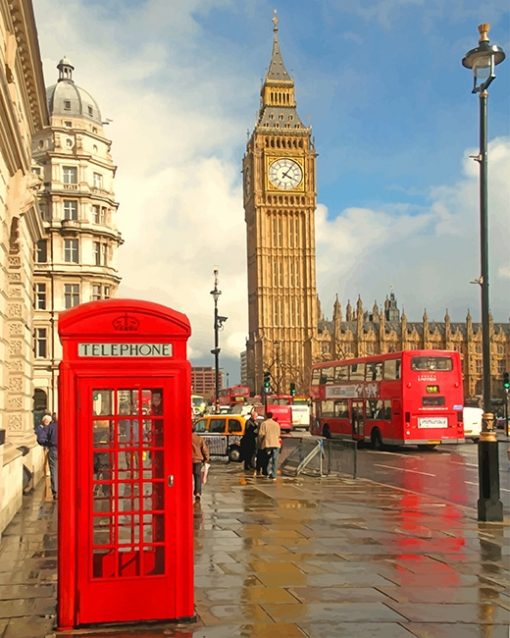 London Phone Box with big ben adult paint by numbers