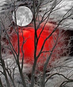 Moon forest red silhouette adult paint by numbers
