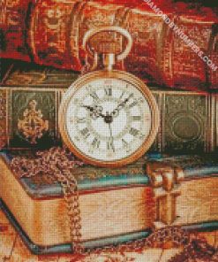 aesthetic vintage clock and books diamond paintings
