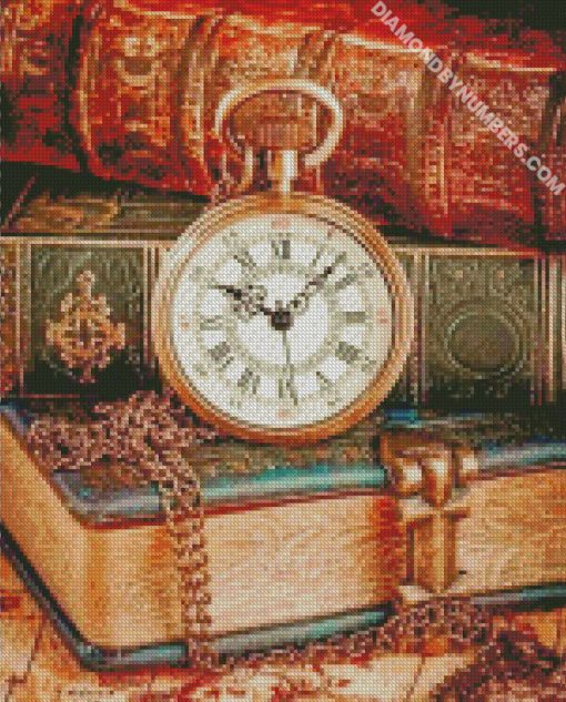 aesthetic vintage clock and books diamond paintings