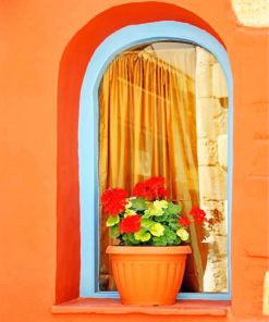 Blue Window Red Flower Paint By Numbers