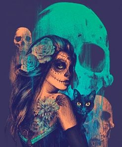 skull woman with her cat adult paint by numbers