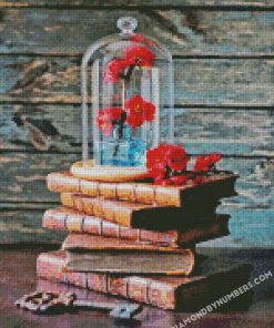 vintage books and red flowers diamond paintings
