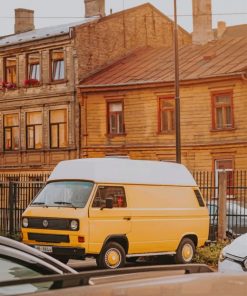 Yellow Van Parked Beside Brown Building paint by numbers