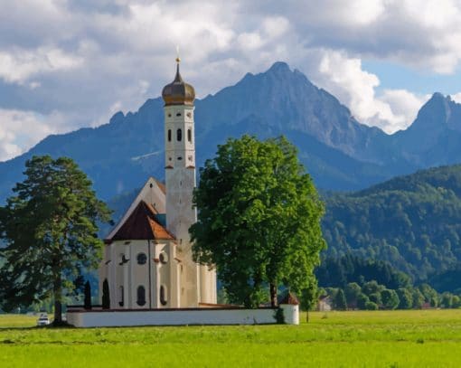 Austria Mountains Church Alps Trees paint by numbers