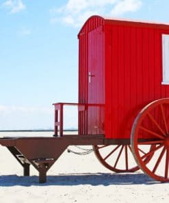 Red Wheel Cabin On Beach paint by numbers