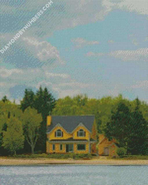 yellow cottage on lake diamond paintings
