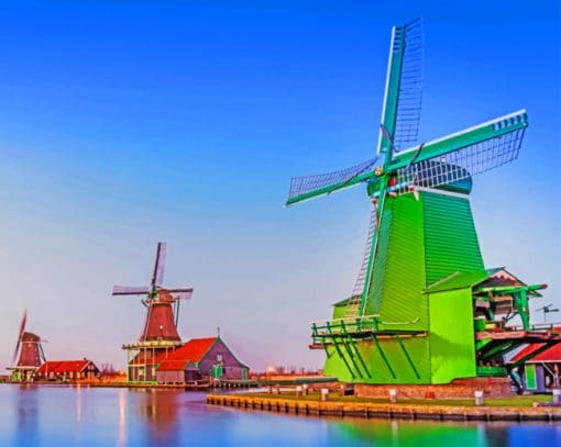 Colorful Windmill Houses paint by numbers