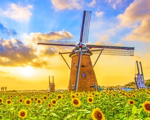Sunflowers And The Windmill Paint By Numbers
