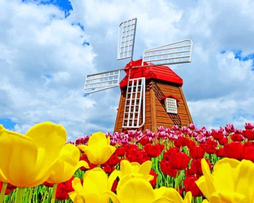 Windmill And Colorful Flowers Paint By Numbers
