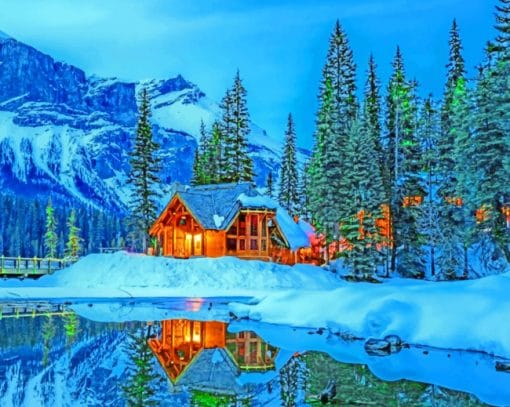 House In The Snow Near A Lake paint by numbers