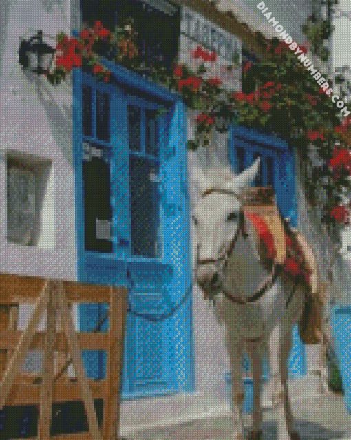 white donkey in greece diamond painting