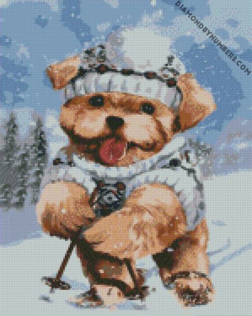 dog skiing on snow diamond painting