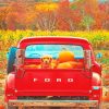Dog And Pumpkins In A Red Truck Paint by number