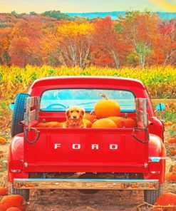Dog And Pumpkins In A Red Truck Paint by number