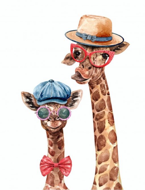 Giraffe and Baby Wearing Hats paint by numbers