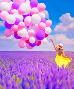 Girl Holding Balloons In Lavender Field Girl Holding Balloons In Lavender Field paint by numbers