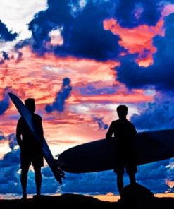 Surfers Silhouette In A Cloudy Day Paint by numbers