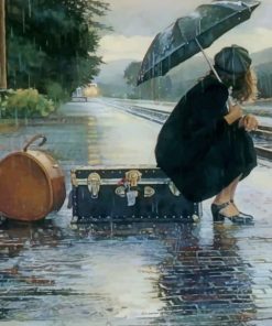Woman Waiting For The Train In A Rainy Day Paint by numbers