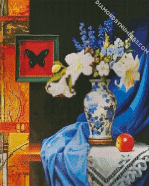 aesthetic blue vase with white flowers diamond painting
