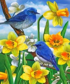 Bluebirds And Wild daffodils Piant by numbers