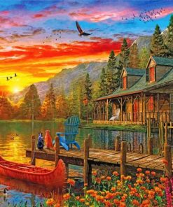 Cabin Evening Sunset paint by nummbers
