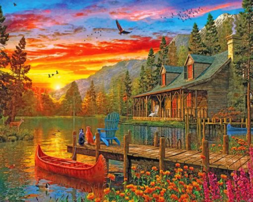 Cabin Evening Sunset Paint by numbers