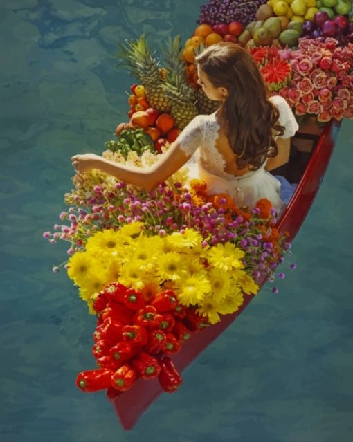 Woman On A Boat Full Of Flowers And Fruitsv paint by numbers