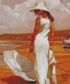 woman with a white dress diamond painting