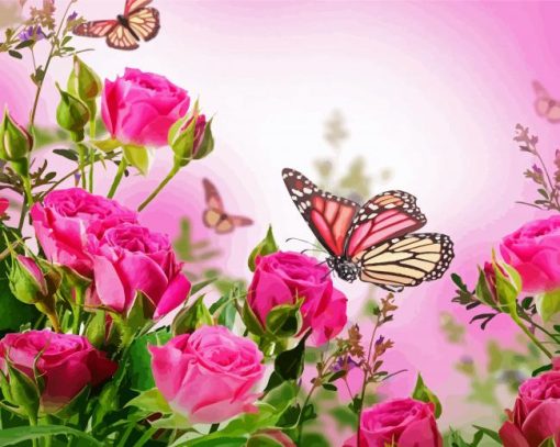 Pink Roses With Butterflies Diamond Painting